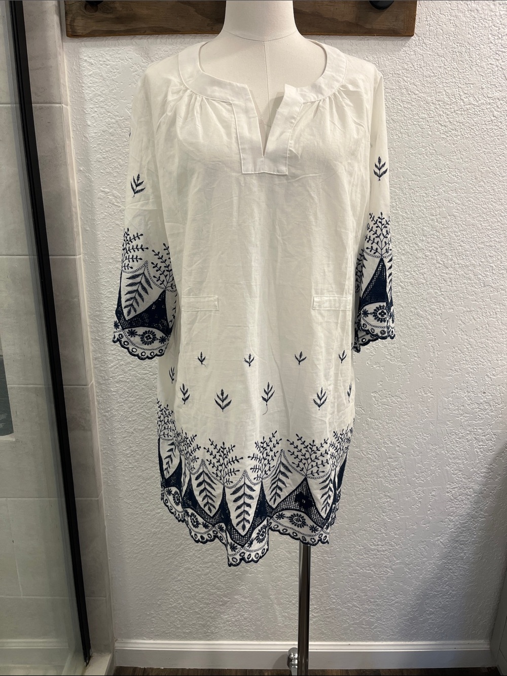 White Embroidered Tunic Dress with Navy Detail